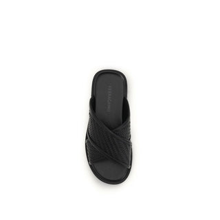 Ferragamo Black Calf Leather Bos Taurus Flat Sandals