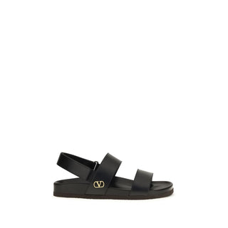 Valentino Garavani Black Calf Leather Bos Taurus Flat Sandals
