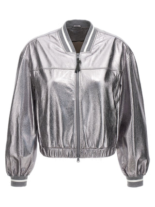 Brunello Cucinelli Silver Leather Bomber