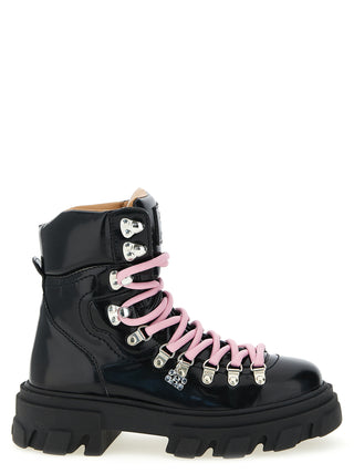 Ganni Black Polyester Lace-Up Boots