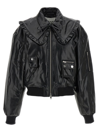 Ganni Black Leather Bomber
