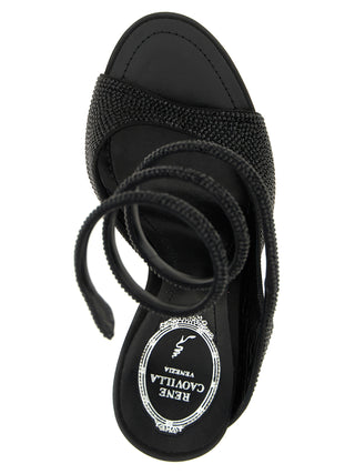 RENE CAOVILLA Black Satin Stiletto Heel Sandals