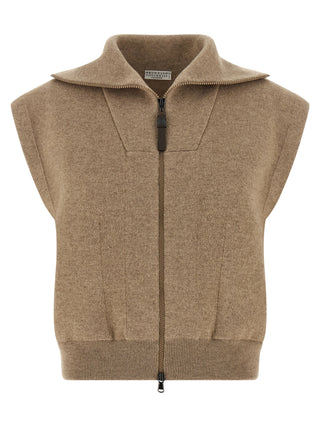 Brunello Cucinelli Beige Cashmere Sleeveless Jacket
