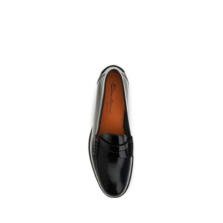 Santoni Black Calf Leather Slip-On Loafers