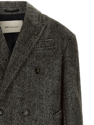 Ami Paris Herringbone Virgin Wool Long Coat