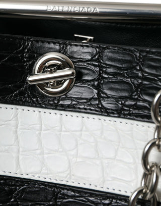 Balenciaga Black White Striped Exotic Skin Leather Maxi Bucket Tote Bag