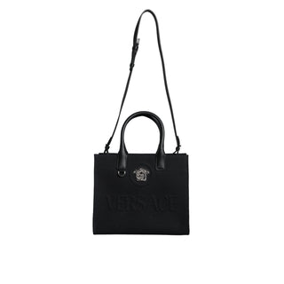 Versace Black Top Handle Canvas Leather Logo Crossbody Tote Bag