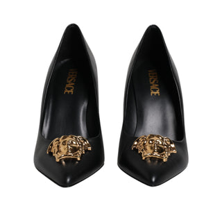 Versace Black Leather Logo Plaque High Heels Pumps Shoes - Versa Loro