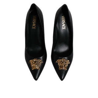 Versace Black Leather Logo Plaque High Heels Pumps Shoes - Versa Loro