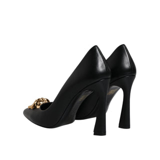 Versace Black Leather Logo Plaque High Heels Pumps Shoes - Versa Loro