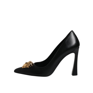 Versace Black Leather Logo Plaque High Heels Pumps Shoes - Versa Loro