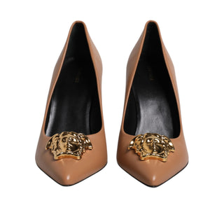 Versace Brown Leather Logo Plaque High Heels Pumps Shoes - Versa Loro