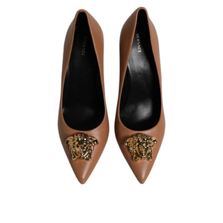 Versace Brown Leather Logo Plaque High Heels Pumps Shoes - Versa Loro